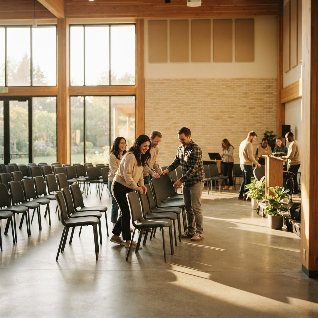 A church multipurpose space being set up for a large gathering, with volunteers coordinating